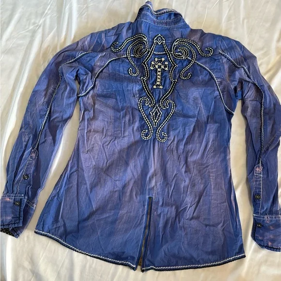 391 Roar Western Cowboy Top Blue Purple Embroidered Gem Shirt Large - Picture 2 of 9